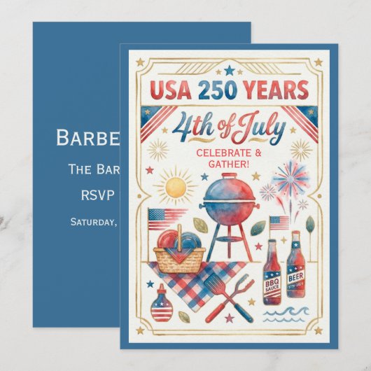 USA 250 Years 4th of July BBQ Invitation 招待状 (正面/裏面)
