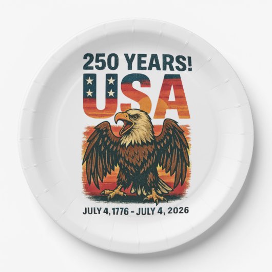 USA 250 Years – Patriotic Bald Eagle July 4th 2026 ペーパープレート (正面)