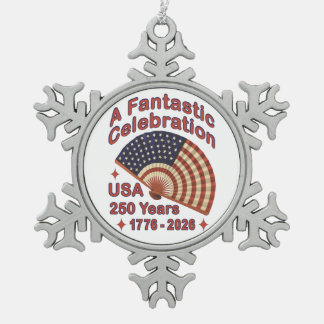 USA 250 Years Patriotic Fan Design – 1776-2026  スノーフレークピューターオーナメント