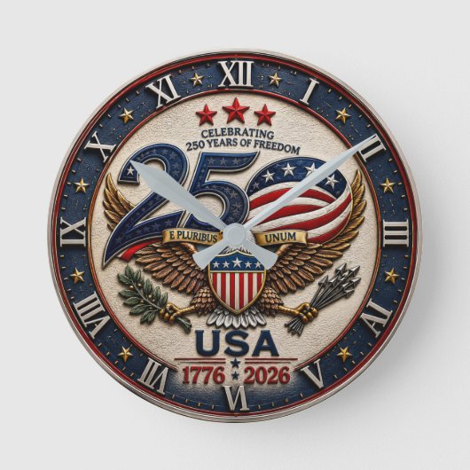 USA 250th Anniversary 1776–2026 Patriotic Bald ラウンド壁時計 (正面)