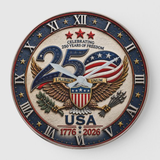 USA 250th Anniversary 1776–2026 Patriotic Bald ラージ壁時計 (正面)