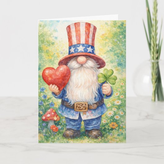 USA 250th Anniversary Patriotic Gnome Heart Shamro カード (正面)