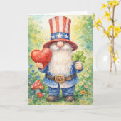 USA 250th Anniversary Patriotic Gnome Heart Shamro カード (黄色い花)