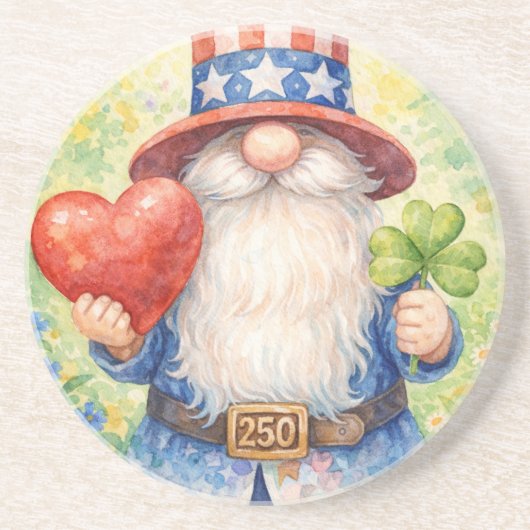 USA 250th Anniversary Patriotic Gnome Heart Shamro コースター (正面)