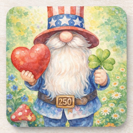 USA 250th Anniversary Patriotic Gnome Heart Shamro コースター (正面)