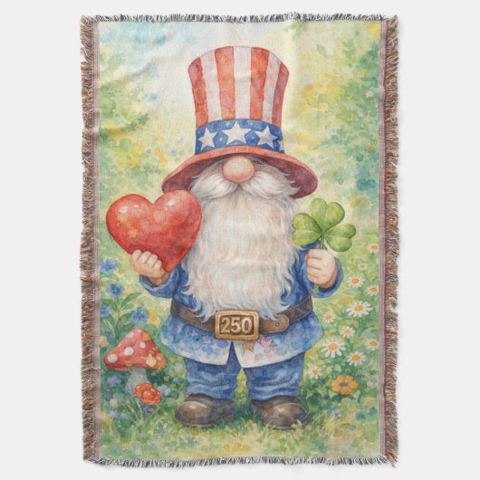 USA 250th Anniversary Patriotic Gnome Heart Shamro スローブランケット (正面縦)