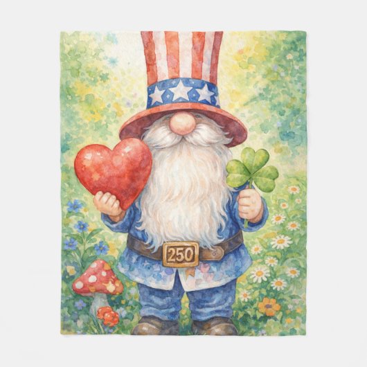 USA 250th Anniversary Patriotic Gnome Heart Shamro フリースブランケット (正面)