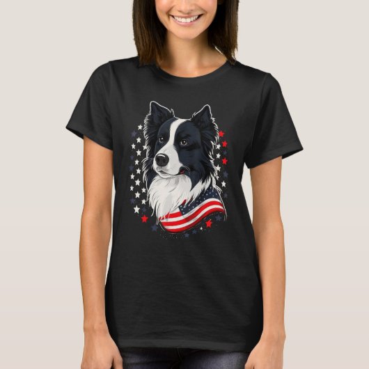 USA 4th Of July Border Collie on American Border C Tシャツ (正面)