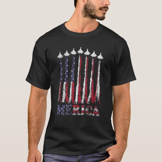 USA Airplane Jet Fighter 4th American Flag Of July Tシャツ (正面)