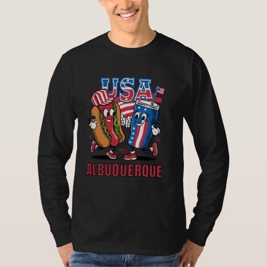 USA Albuquerque Hotdog and Soda Cartoon Tシャツ (正面)