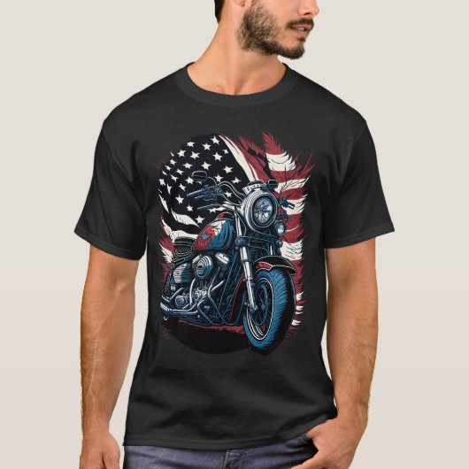 USA American Flag Rider Motorcycle Veteran Biker Tシャツ (正面)
