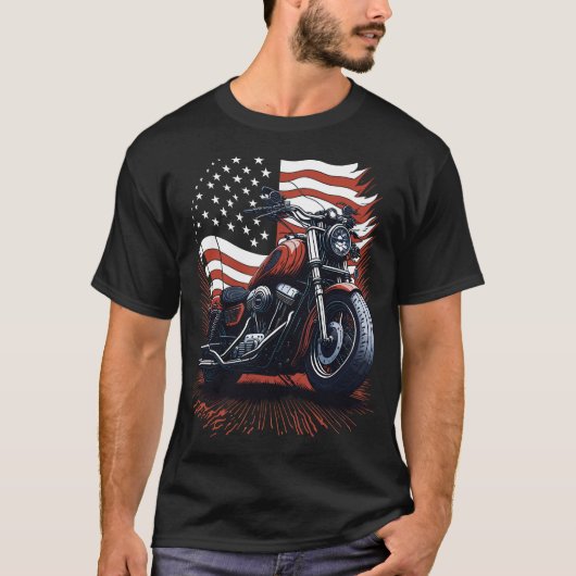 USA American Flag Rider Motorcycle Veteran Biker Tシャツ (正面)