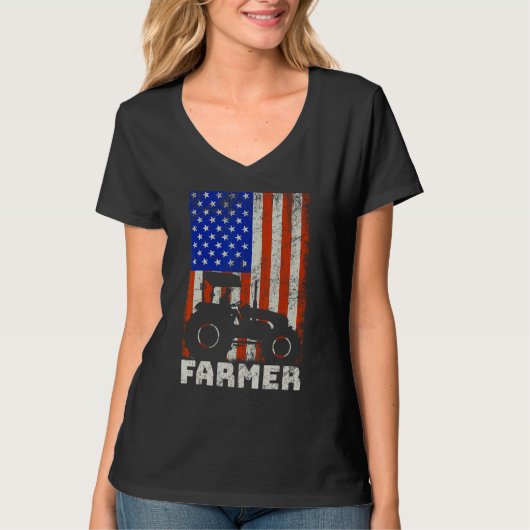 USA American Flag Tractors Farming Tシャツ (正面)