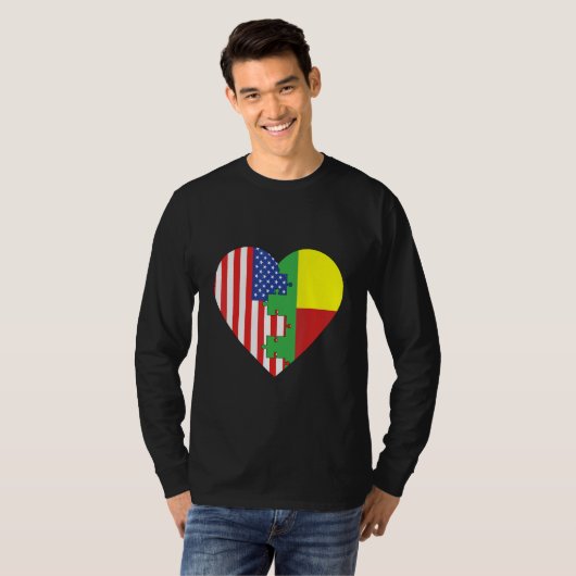 USA and Benin Flags Heart Tシャツ (正面フル)