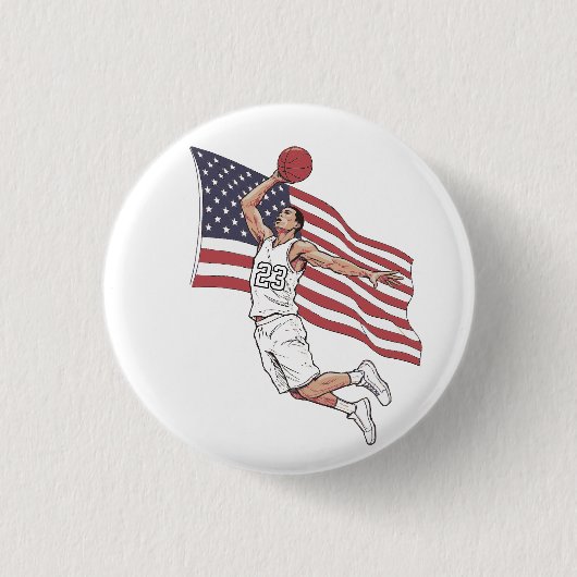 USA Basketball Slam Dunk American Flag Color Art 缶バッジ (正面)