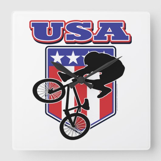 USA-BMXバイクもしくは自転車に乗る人 スクエア壁時計 (正面)