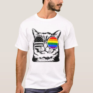 USA Cat With カッコいい Sunglasses, RainbowゲイプライドFl Tシャツ