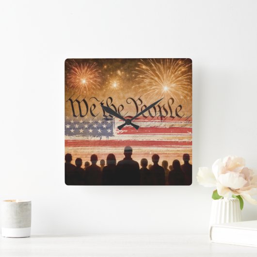 USA Constitution With Flag and Fireworks スクエア壁時計 (ホーム)