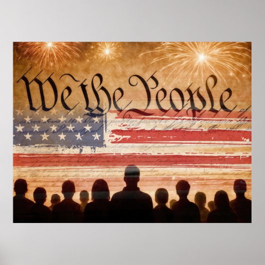 USA Constitution With Flag and Fireworks ポスター (正面)