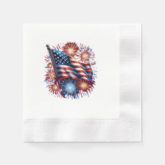 USA Flag Fireworks Patriotic 縁ありカクテルナプキン (正面)
