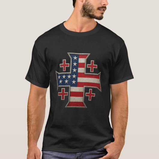 USA Flag Jerusalem Cross - Kingdom of Jerusalem Tシャツ (正面)