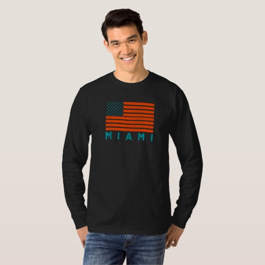 USA Flag Miami OrangeTeal-GreenBlue Miami FL Ameri Tシャツ (正面フル)