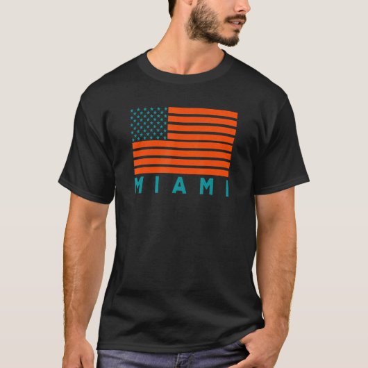 USA Flag Miami OrangeTeal-GreenBlue Miami FL Ameri Tシャツ (正面)