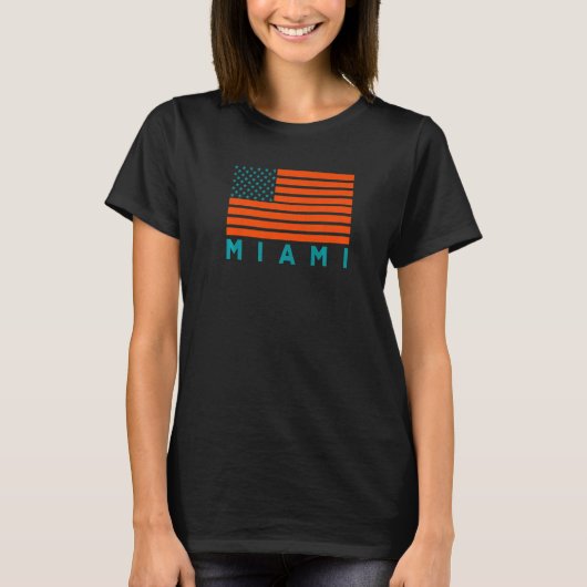 USA Flag Miami OrangeTeal-GreenBlue Miami FL Ameri Tシャツ (正面)