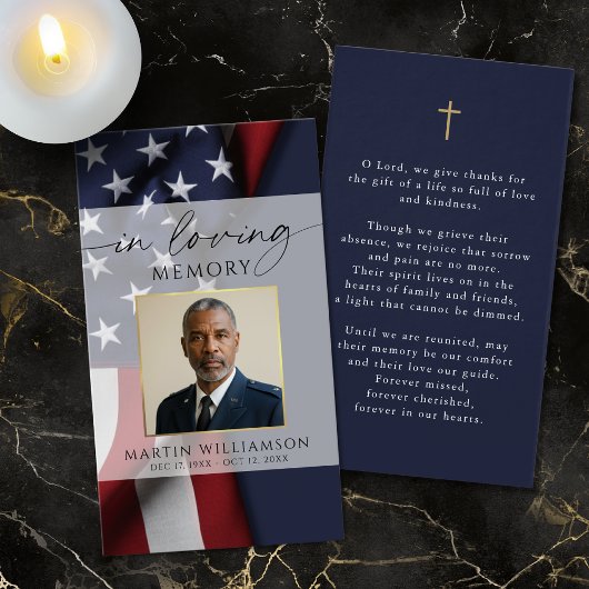 USA Flag Military Photo Cross Memorial Prayer Card