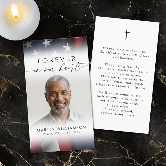 USA Flag Photo Cross Funeral Memorial Prayer Card 名刺