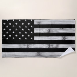 USA flag Rustic Wood Black White Patriotic America ビーチタオル