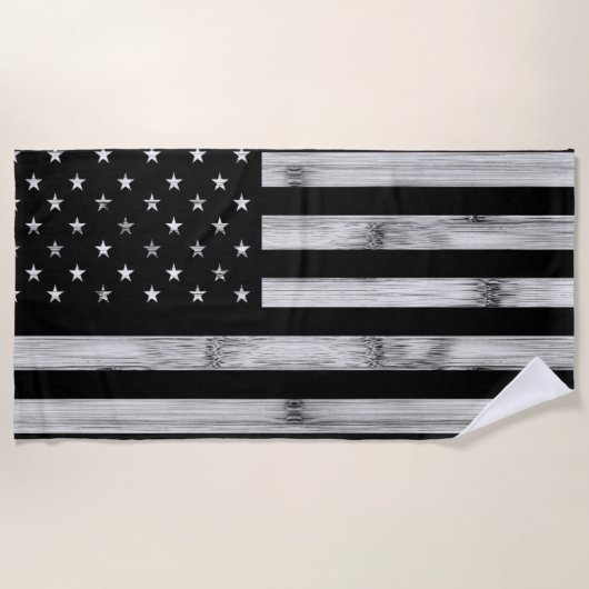 USA flag Rustic Wood Black White Patriotic America ビーチタオル (正面)