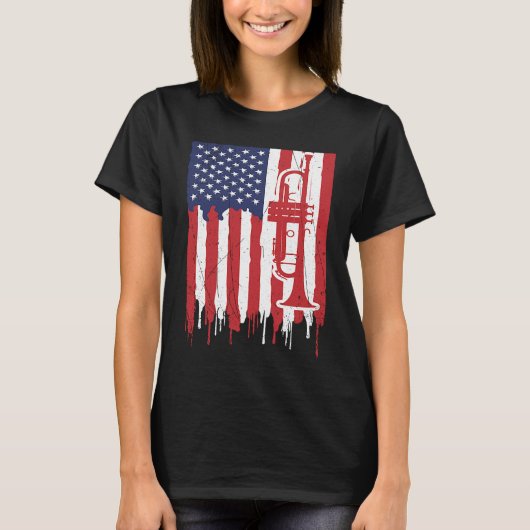 USA Flag Thin Red Line Smooth Jazz Music Trumpet Tシャツ (正面)