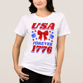 USA Forever 1776 赤いギンガムチェックのリボン トライブレンドTシャツ