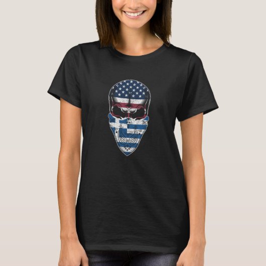 USA Greece Roots Greek American Flag Skull Tシャツ (正面)
