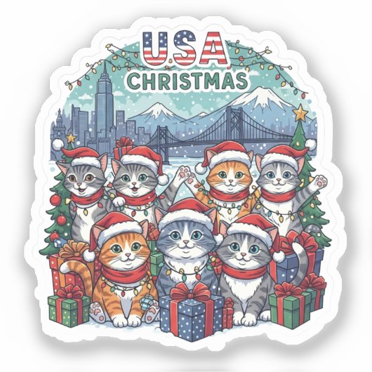 USA Holiday Cats – Cute Meowy Christmas Sticker シール (正面)