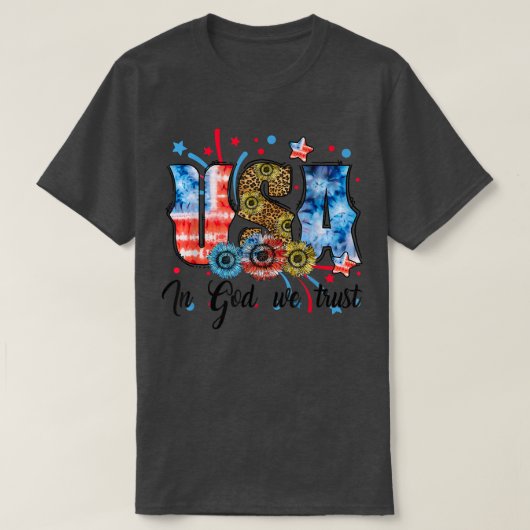 USA In God We Trust 4th Of July Sunflower Leopard Tシャツ (デザイン正面)