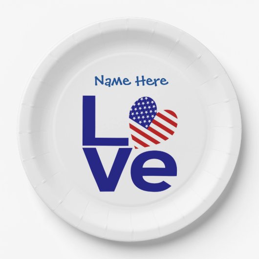 USA Love Flag in Blue Personalized Party ペーパープレート (正面)