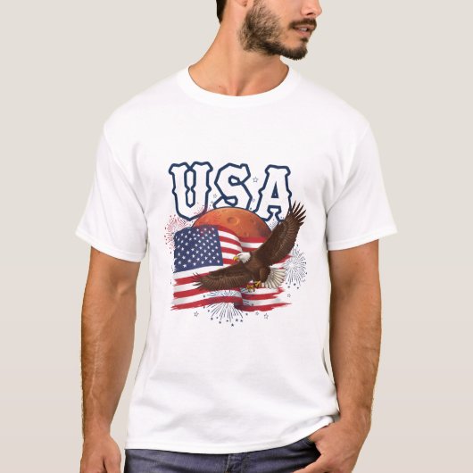 USA Patriotic Eagle with Mars Red Planet Design Tシャツ (正面)
