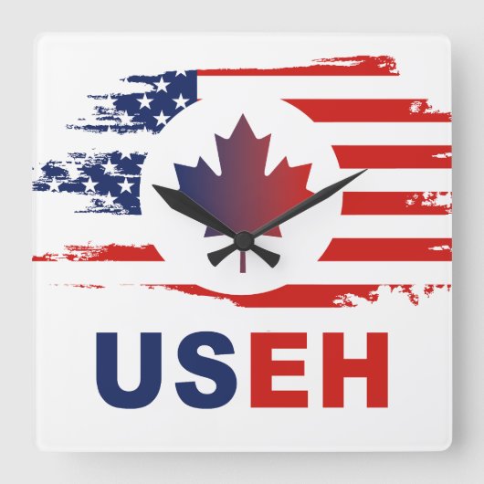USEH Half Canadian American:カナダ米国国旗Unite スクエア壁時計 (正面)