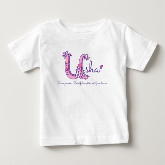 Ushaという女の子の名前とその意味のUモノグラムTシャツ ベビーTシャツ (正面)