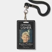 USHER Photo Official Badge Black White バッジ (正面（ネックストラップ付）)