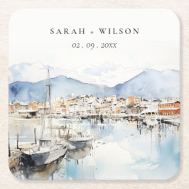 Ushuaia, Argentina Watercolor Landscape Wedding スクエアペーパーコースター