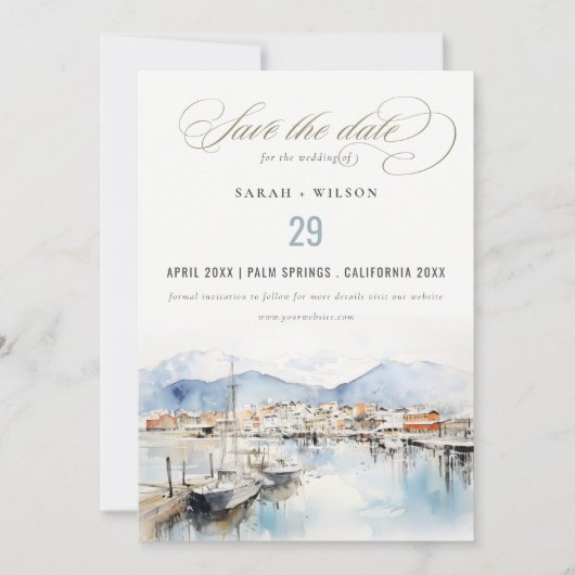 Ushuaia, Argentina Watercolor Landscape Wedding セーブザデート (正面)