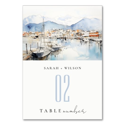 Ushuaia, Argentina Watercolor Landscape Wedding テーブルナンバー (正面)