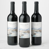 Ushuaia, Argentina Watercolor Landscape Wedding ワインラベル (ボトル)