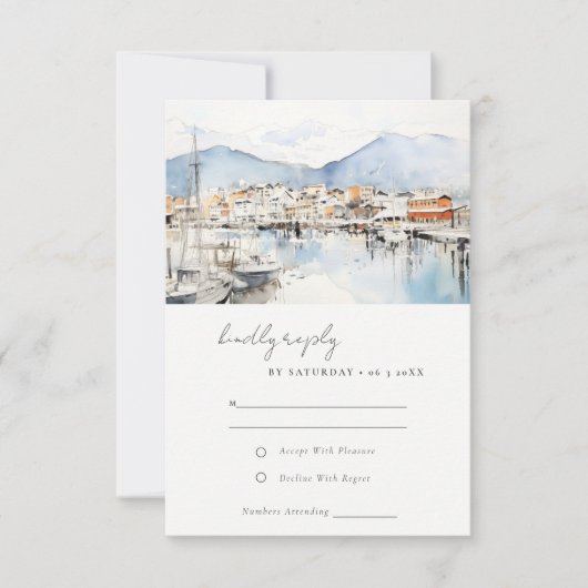 Ushuaia, Argentina Watercolor Landscape Wedding 出欠カード (正面)