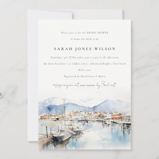 Ushuaia Argentina Watercolor Scape Bridal Shower 招待状 (正面)