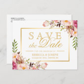 （USPSの場合）ピンクのエレガントフローラ金ゴールド日付の保存 案内ポストカード (正面/裏面)
