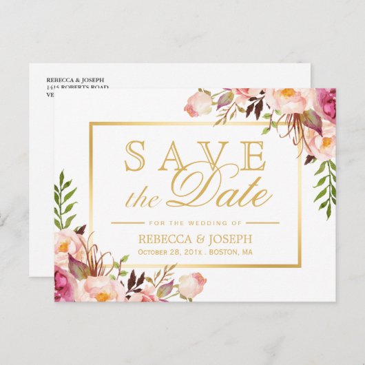 （USPSの場合）ピンクのエレガントフローラ金ゴールド日付の保存 案内ポストカード (正面/裏面)